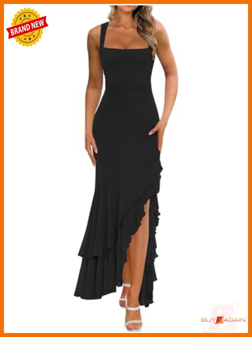 Women's Ruched Bodycon Maxi Cocktail Dress Tiered Ruffle High Slit